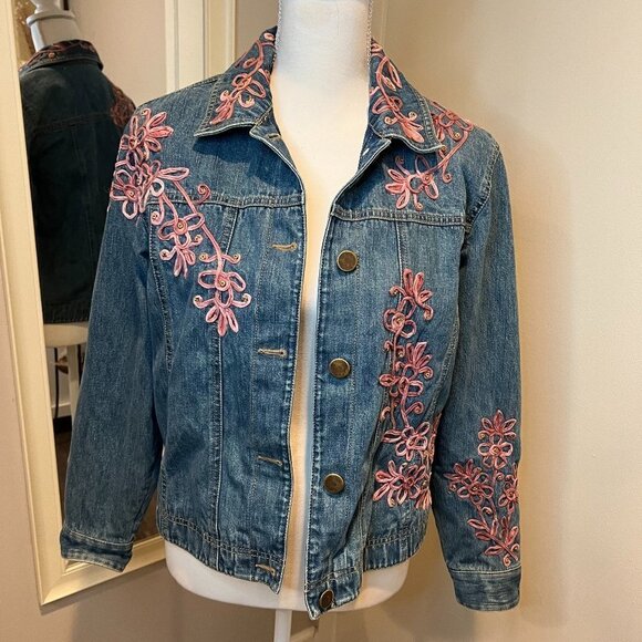 Coldwater Creek Soutache Rose Pink Floral Embroidered Jean Jacket, Size Small - Picture 1 of 14